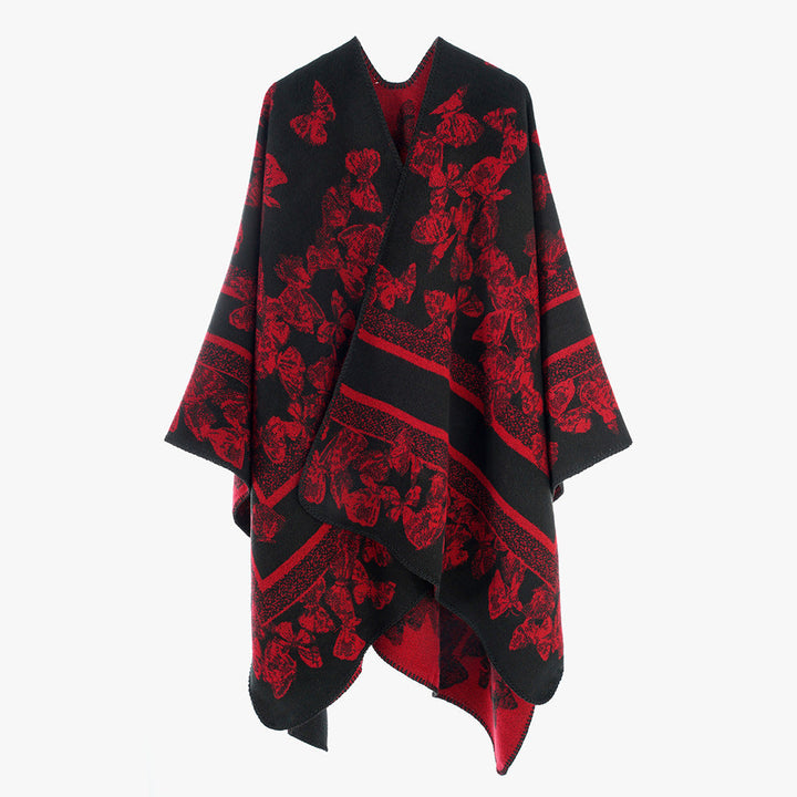 Dam Jacquard capeponcho med Butterfly mönster och ullblandning look