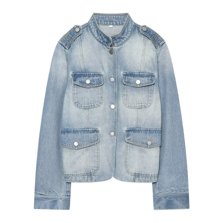 Dam Utility Stil Denim Kort Jacka med Epaulettes