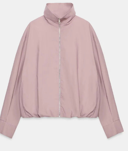 Dam Kort Jacka i Boxig Skärning med Hög Stå Krage, Dold Dragkedja och Elastic Nederkant