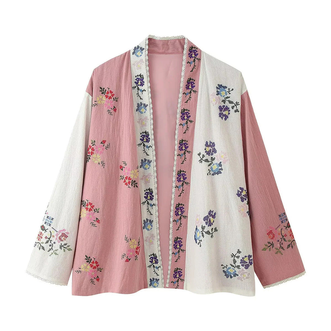 Dam embroidered kimono kofta med öppen front, spets kant och floral embroidery