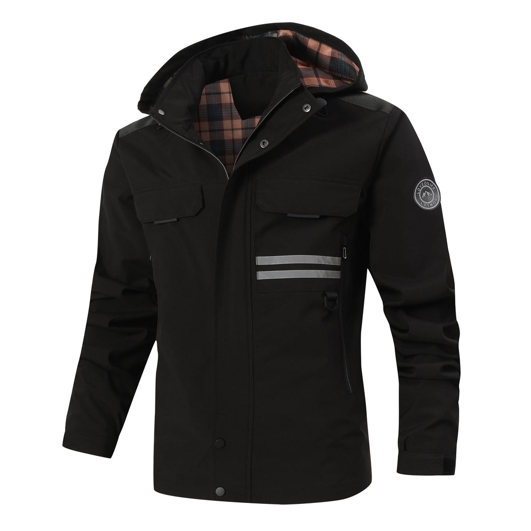 Herr teknisk parka Jacka med huva, Reflekterande Detaljer och Rutmönster Invändig Foder