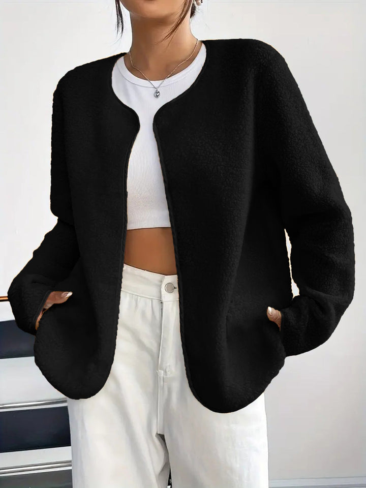Dam kort jacka Teddy fleece kofta utan Closure med rund hals