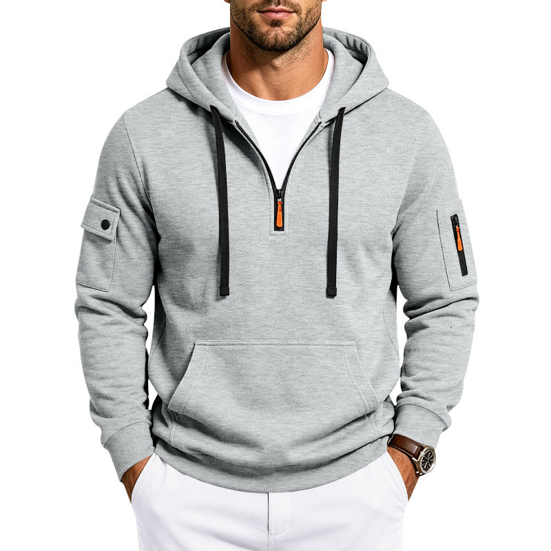 Herr Utility Halv Dragkedja med Huva Pullover med Ärm Fickor och Känguruficka