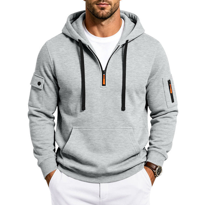 Herr Utility Halv Dragkedja med Huva Pullover med Ärm Fickor och Känguruficka
