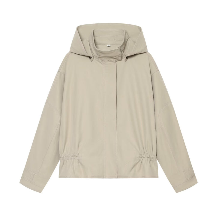 Dam kort parka med huva, dragsko midja och dold fram