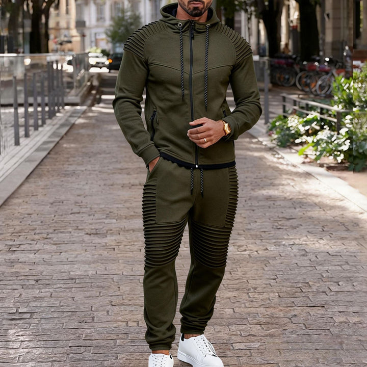 Herr Sportig Luvtröja Sweat Set med Ribbad Biker Panels