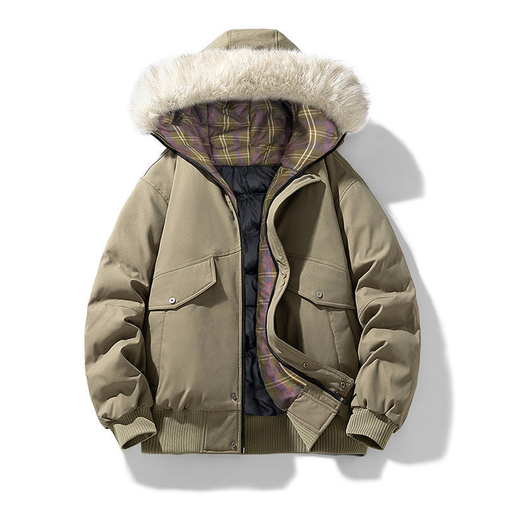 Herr Vadderad Vinter Jacka med Faux Fur Huva, Quiltad Checkered Foder och Bomber Muddar