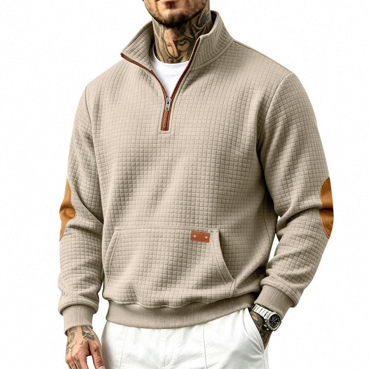 Herr Quiltad Structure Pullover med Halv Dragkedja, Elbow Lappar, och Känguruficka