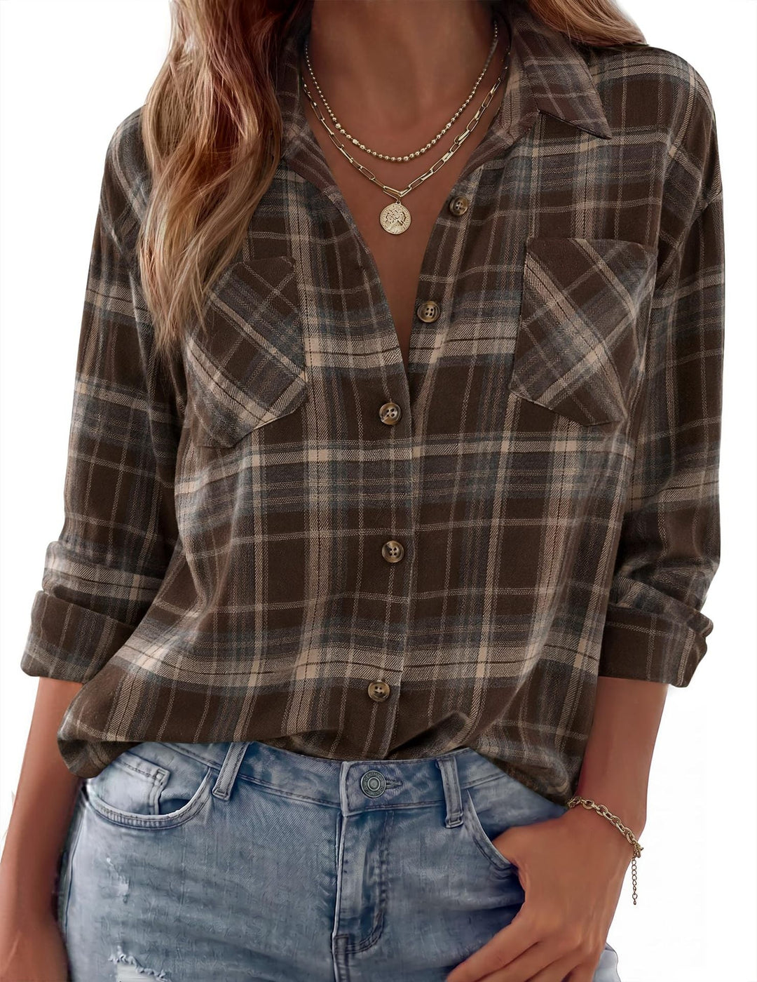 Dam Rutig Oversized Flanell Skjorta Jacka med Bröst Fickor