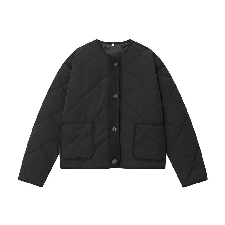 Dam kviltad oversize kviltad jacka med Round Neckline, utanpåfickor och knappslå