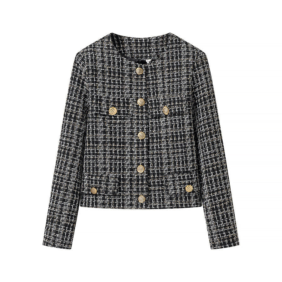 Dam Boucle tweed jacka med Round Neckline, Gold dekorativ knappar och utanpåfickor