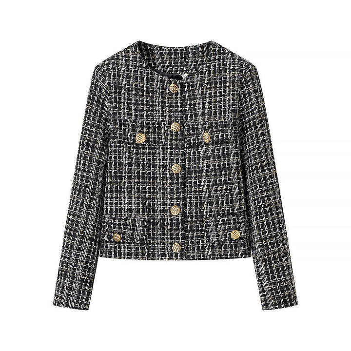 Dam Boucle tweed jacka med Round Neckline, Gold dekorativ knappar och utanpåfickor