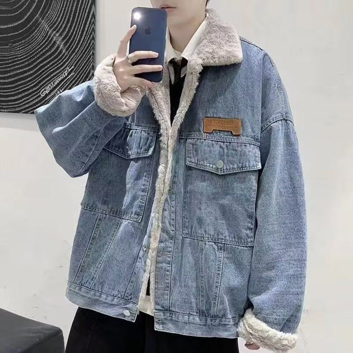 Herr Fodrad Oversized Jeansjacka med Teddyfoder och Lock Fickor