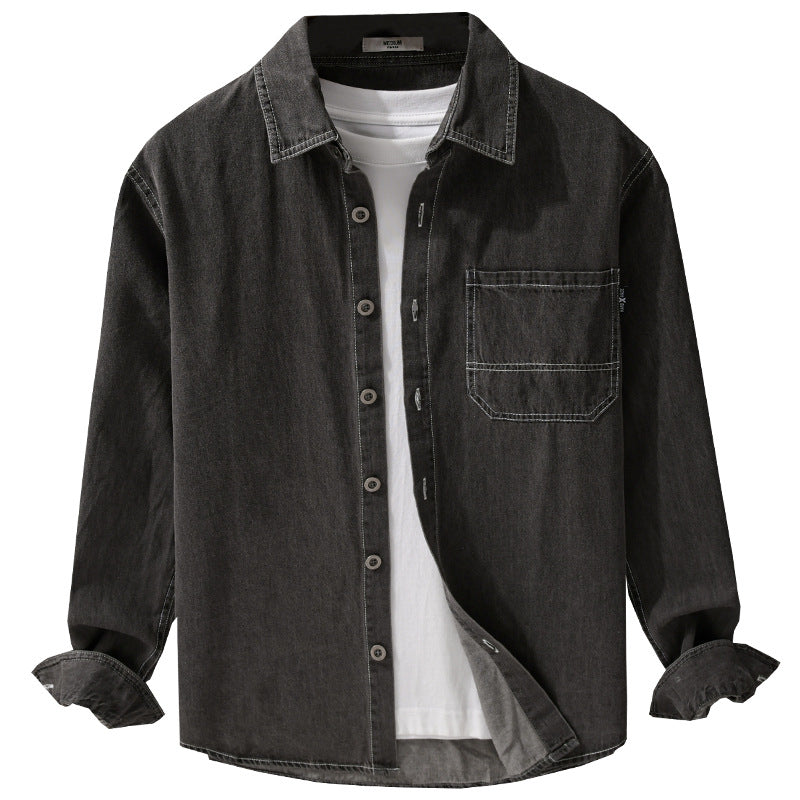 Herr Washed Denim Overshirt i Arbetskläder Look med Kontrast Stitches