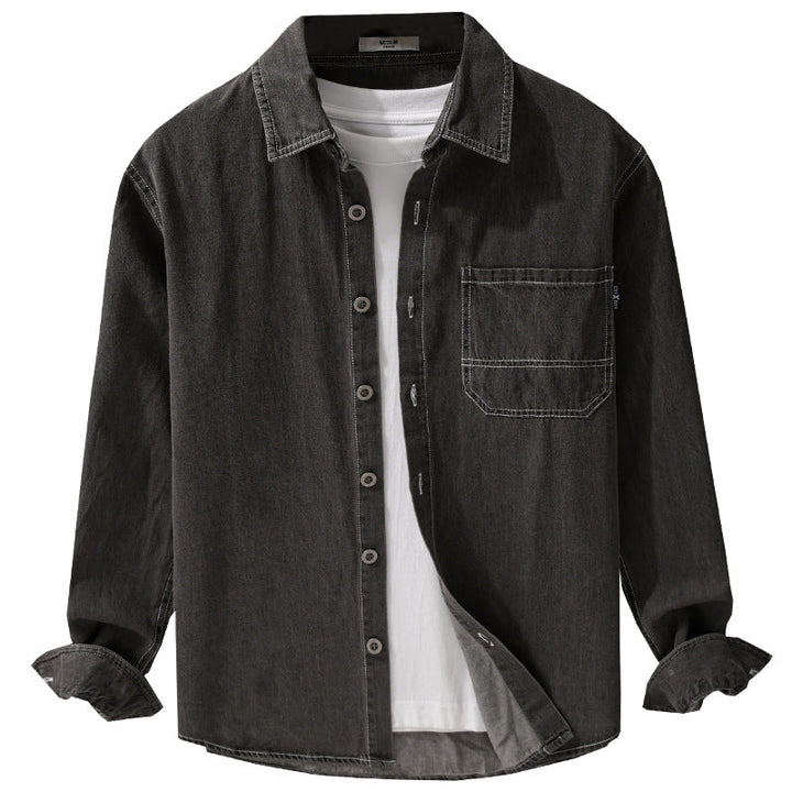 Herr Washed Denim Overshirt i Arbetskläder Look med Kontrast Stitches