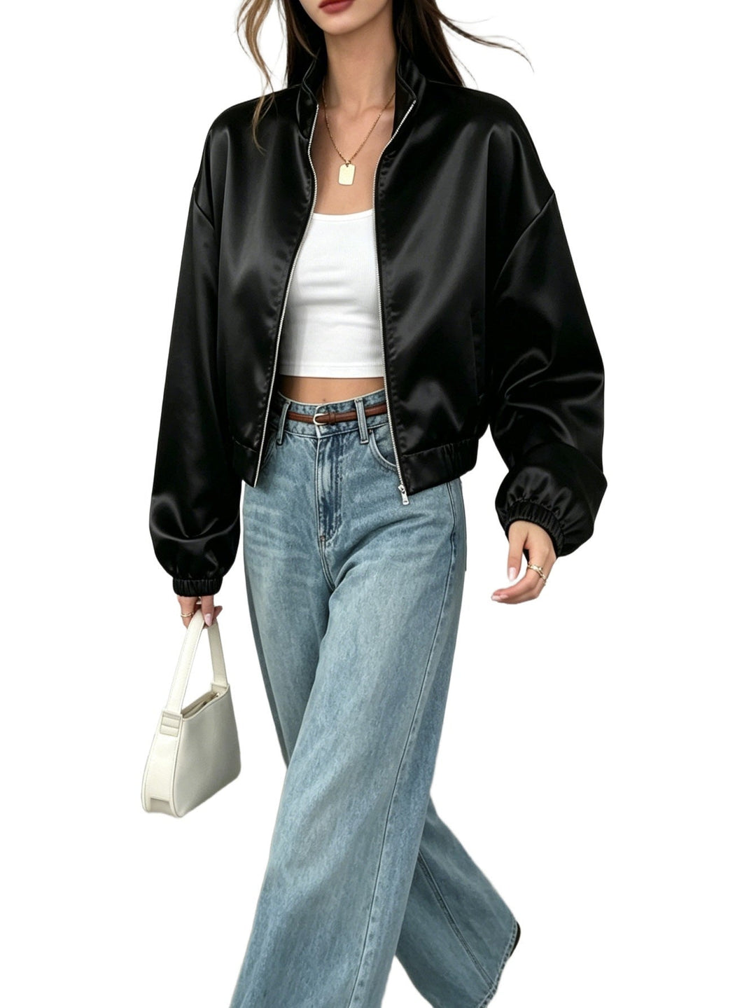Dam Kort Satin Bomber Jacka med Ståkrage och Dragkedja