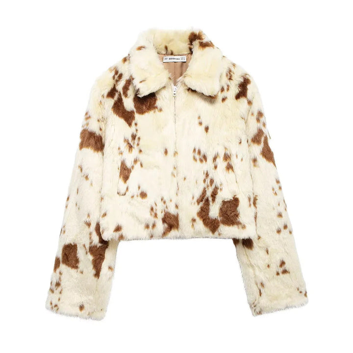 Dam cropped faux pälsjacka i cow tryck design med skjortkrage och concealed dragkedja