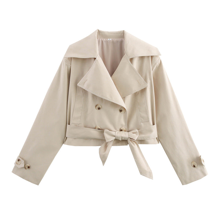 Dam Kort Trenchcoat med Wide Lapels, Waist Belt och Double Knapp Row