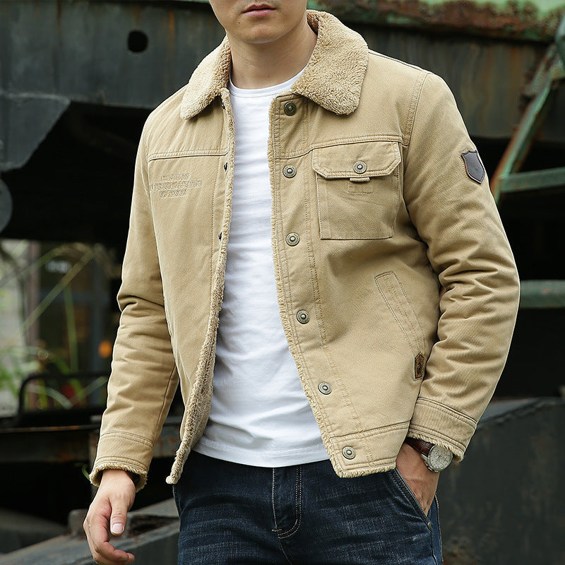 Herr Vintage-Inspired Canvas Worker Jacka med Full Teddyfoder, Bröst Patches och Multifunctional Fickor