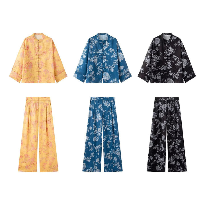 Dam Brocade Jacka med Mandarin Krage, Knot Closures och Wide Kimono Ärmar