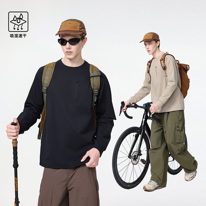 Herr Crew Neck College-Tröja med Bröst Dragkedja, Perforated Utility Lock, och Avslappnad Passform