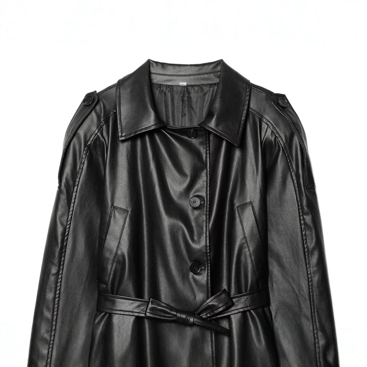 Dam Kort Trenchcoat i Läderlook med Waist Belt