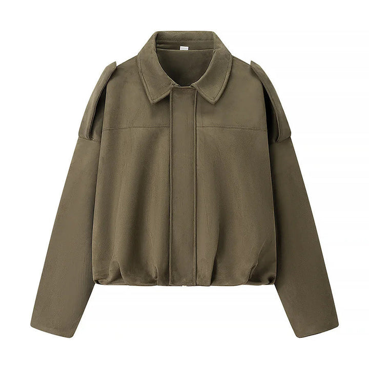 Dam cropped boxy blouse jacka med skjortkrage, concealed front placket, och elastisk fåll