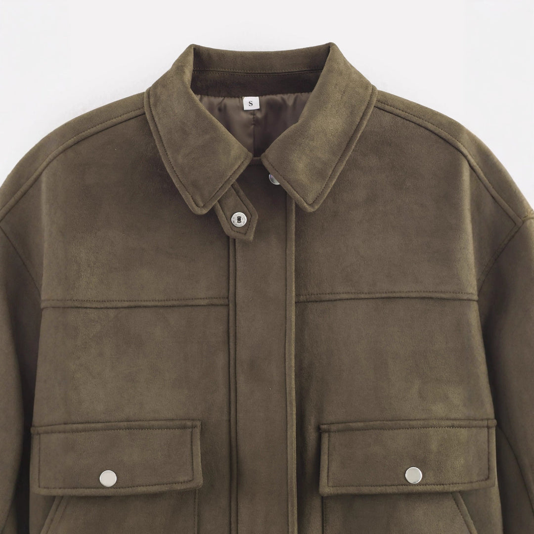 Dam boxy velour-look utility jacka med flap fickor och snap knäppning