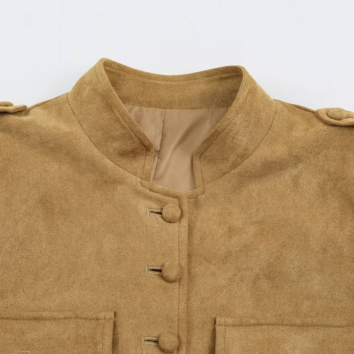 Dam Skräddarsydd Velour Jacka i Field Stil med Ståkrage och Bröst Flaps