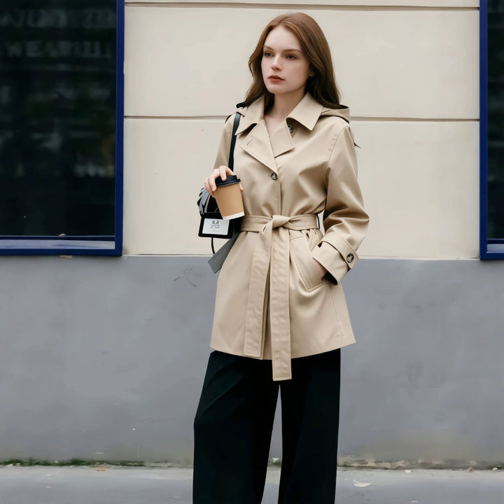 Dam kort trenchcoat med skräddad knytband och vid lapels