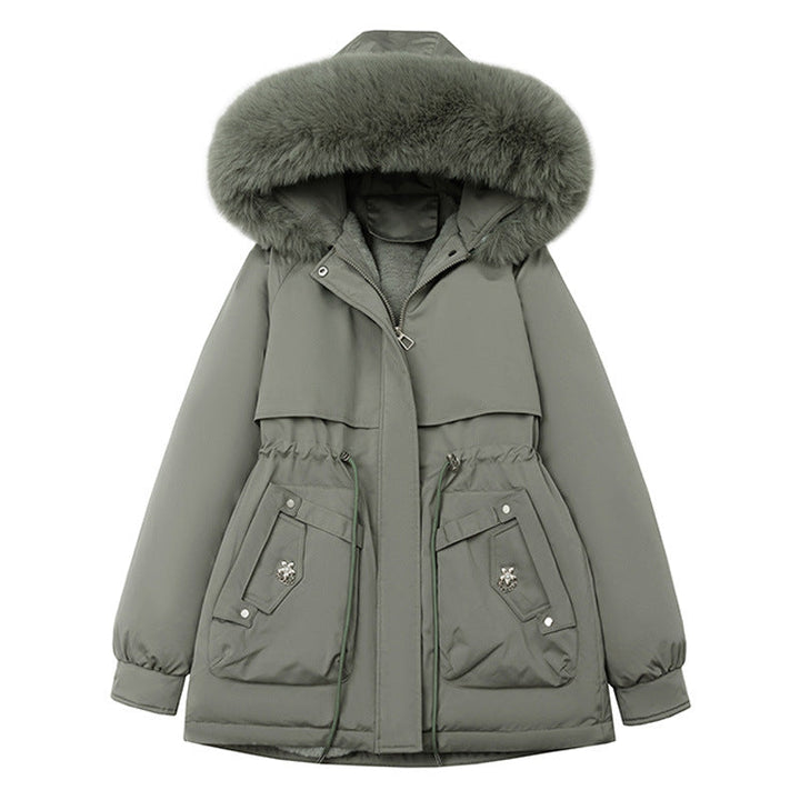 Dam sportig-urban kort kappa med voluminous huva med fuskpäls, adjustable drawstring waist, och concealed dragkedja fickor