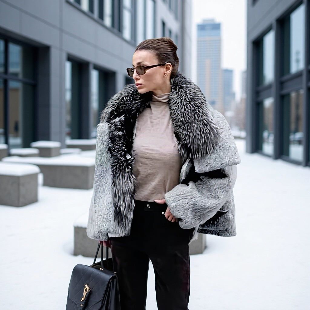 Dam kort jacka gjord faux fur in oversize skärning med voluminous faux fur krage