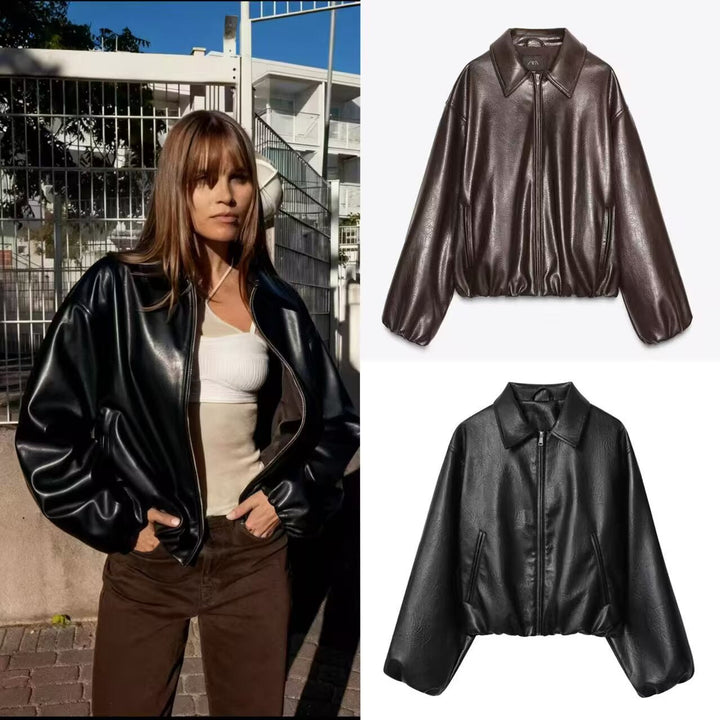 Dam Oversized Konstläder Blouson med Dragkedja och Elastic Fåll