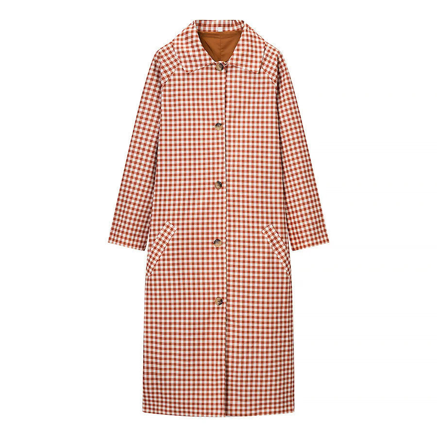 Dam rutig midi trenchcoat med skjortkrage, full knäppning och påsydda fickor