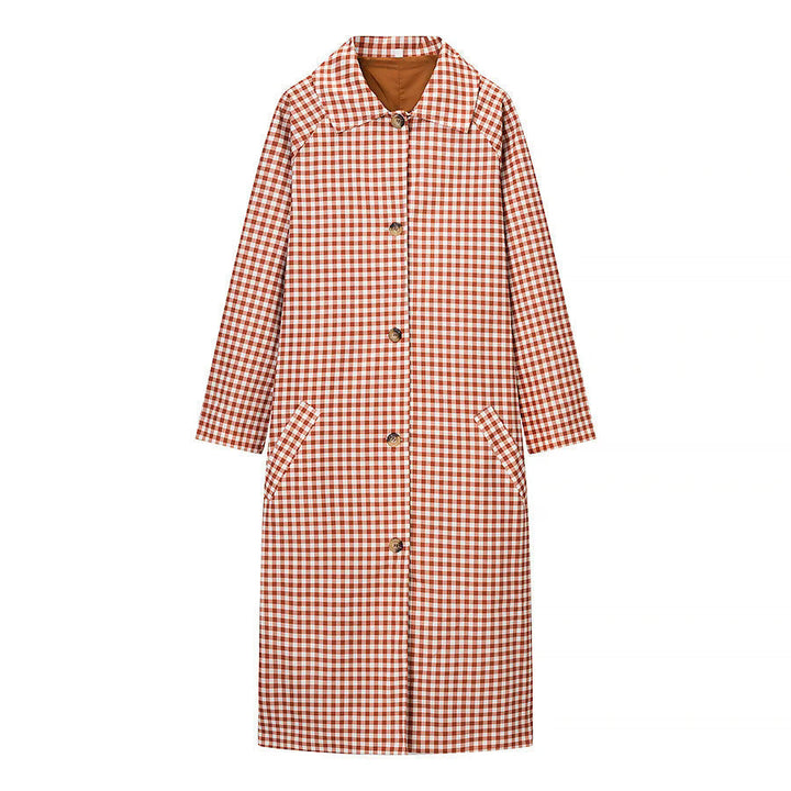 Dam rutig midi trenchcoat med skjortkrage, full knäppning och påsydda fickor