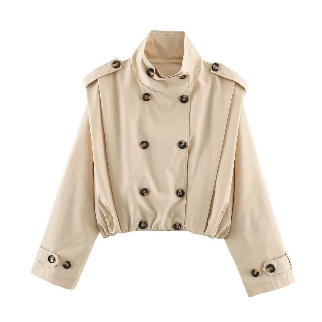 Dam Kort Trench Jacka i Blouson Stil med Stå Krage och Double-Breasted Knapp Knäppning