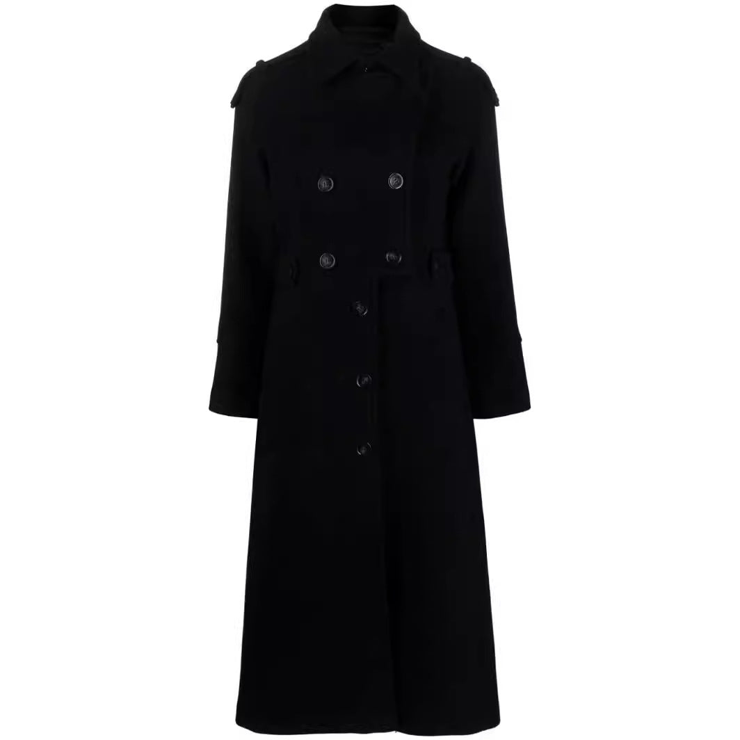 Dam Floor-Length Double-Breasted trenchcoat gjord ullblandning med Shoulder Patches och dold midjebälte