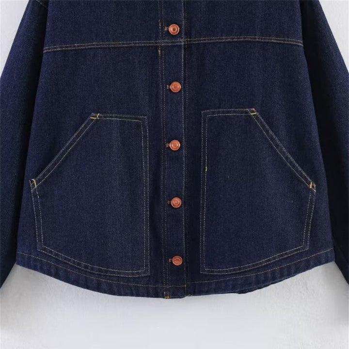 Dam Oversized Denim Jacka med Boxig Kort Skärning, Utanpåfickor och Contrast Stitching