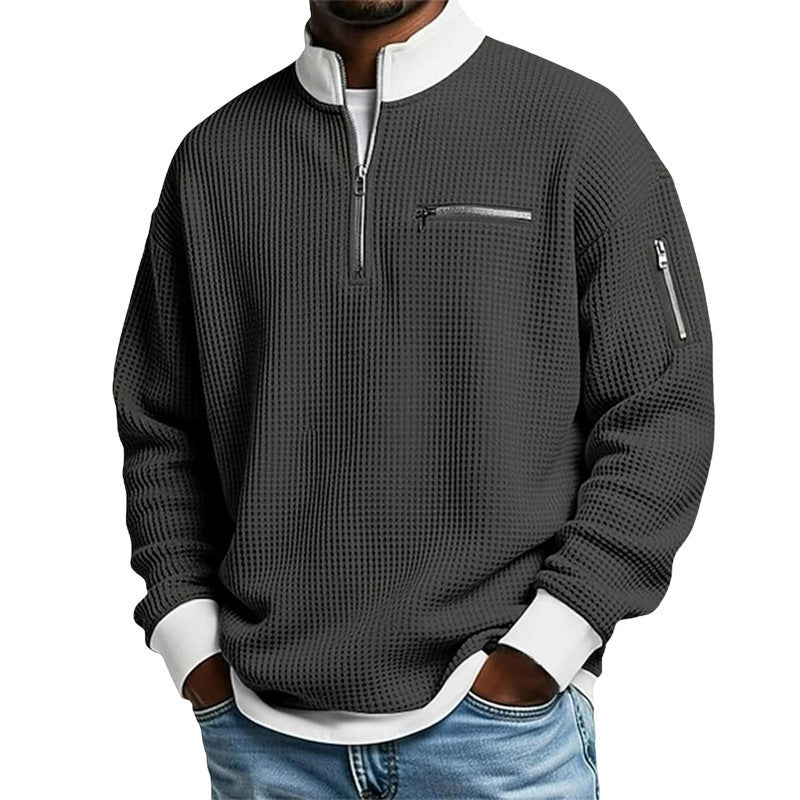 Herr Sportig Kvartsdragkedja Pullover med Textured Mönster