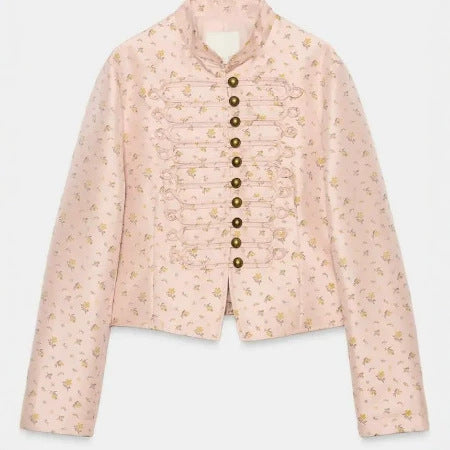 Dam Kort Military Blouson med Mandarin Krage, Dekorativ Cords och Blommig Vävd Texture