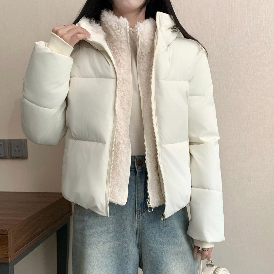 Dam kort vadderad double jacka med detachable teddy inner foder och hög ståkrage