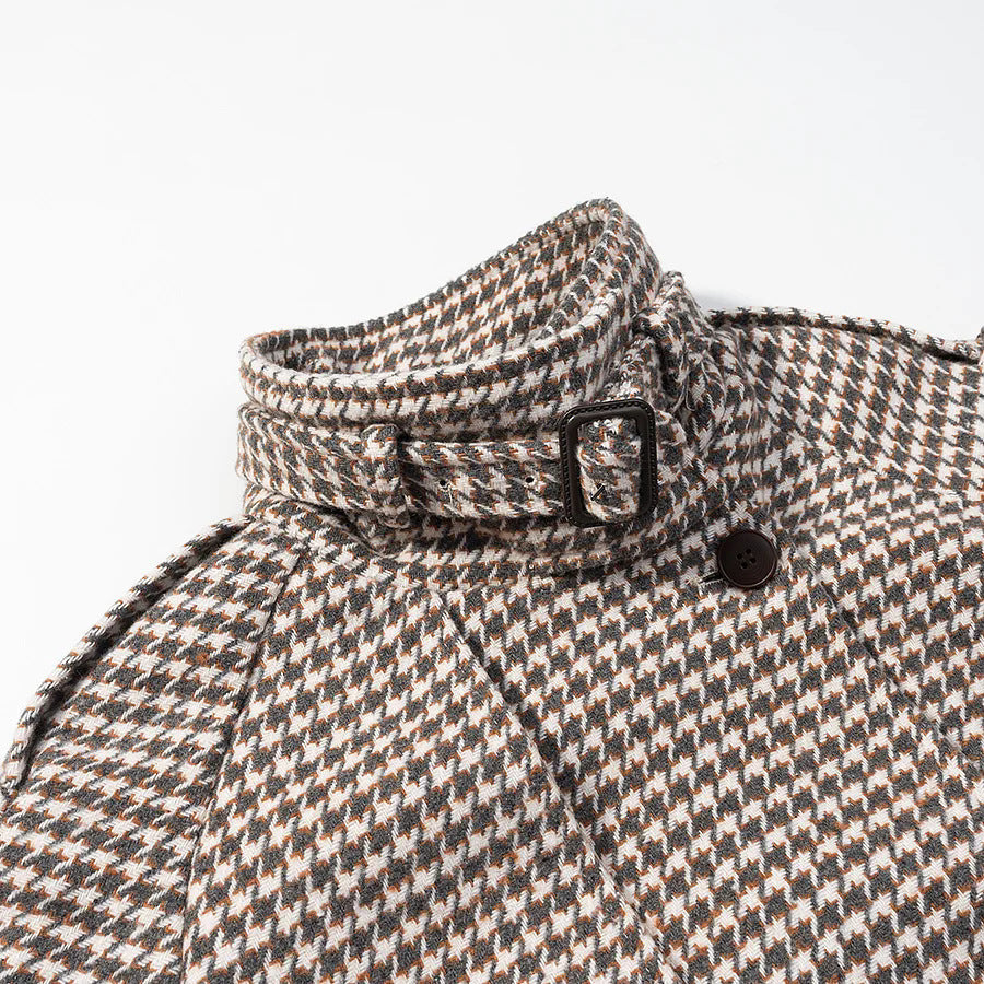 Dam kort double-breasted houndstooth kort kappa med ståkrage och tie cuffs