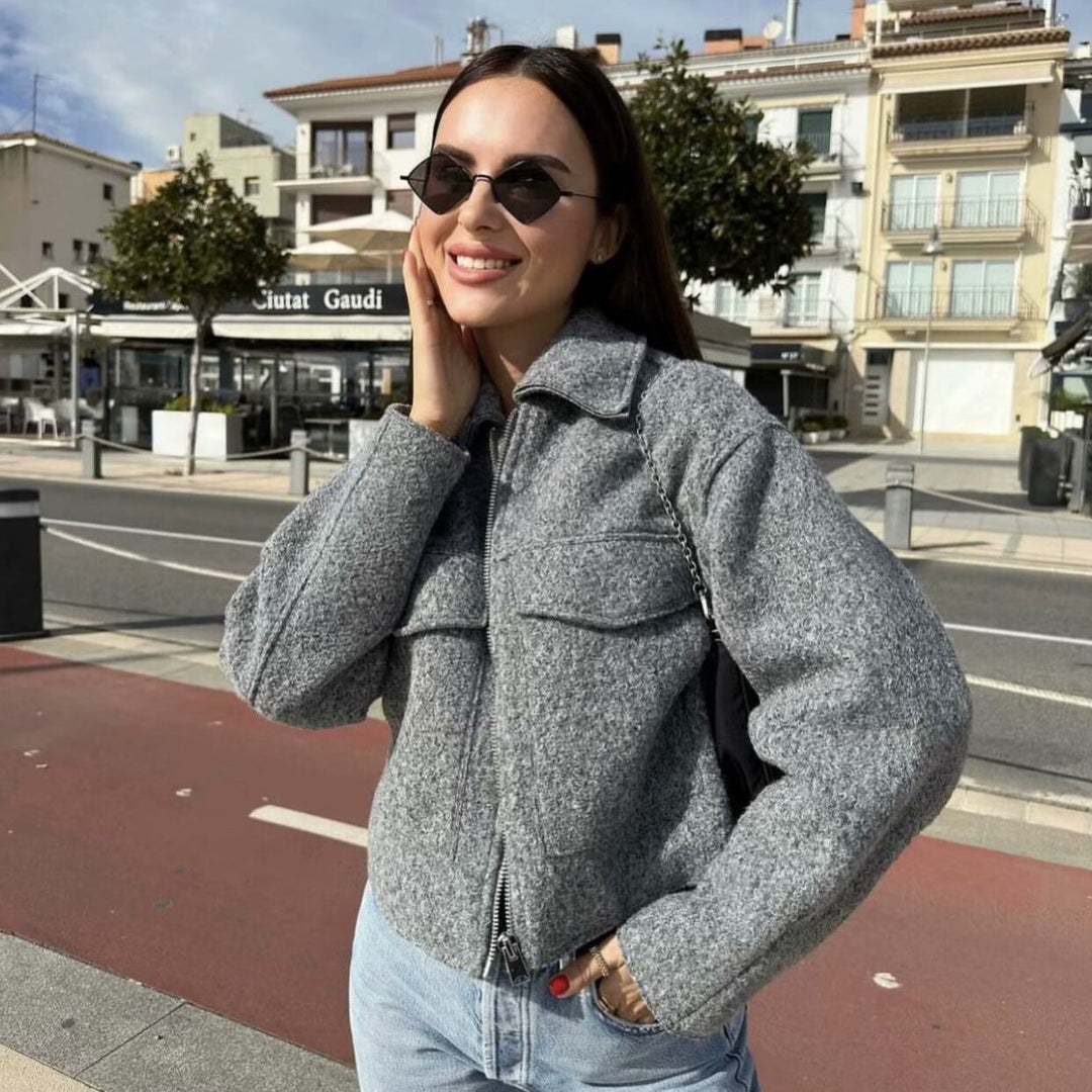 Dam oversize Shacket gjord ullblandning med dragkedja och utanpåfickor
