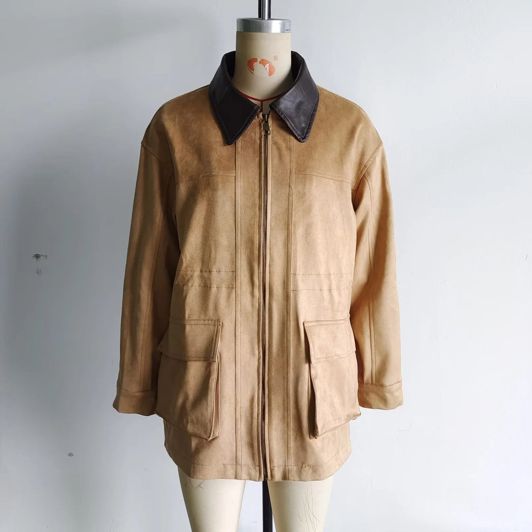 Dam oversized field jacka med kontrasterande läder krage, concealed dragkedja, och stor patch flap fickor