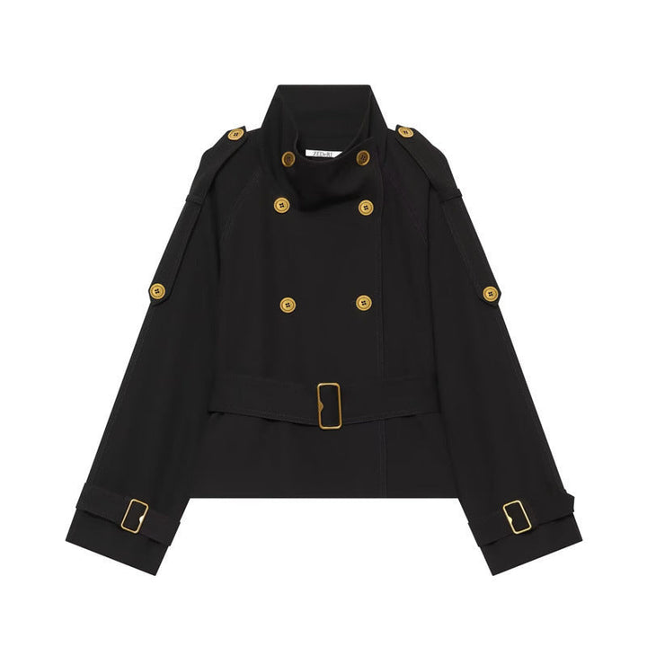 Dam kort Double-Breasted trenchcoat med Waistbelt, Epaulettes och Gold-Colored detaljer