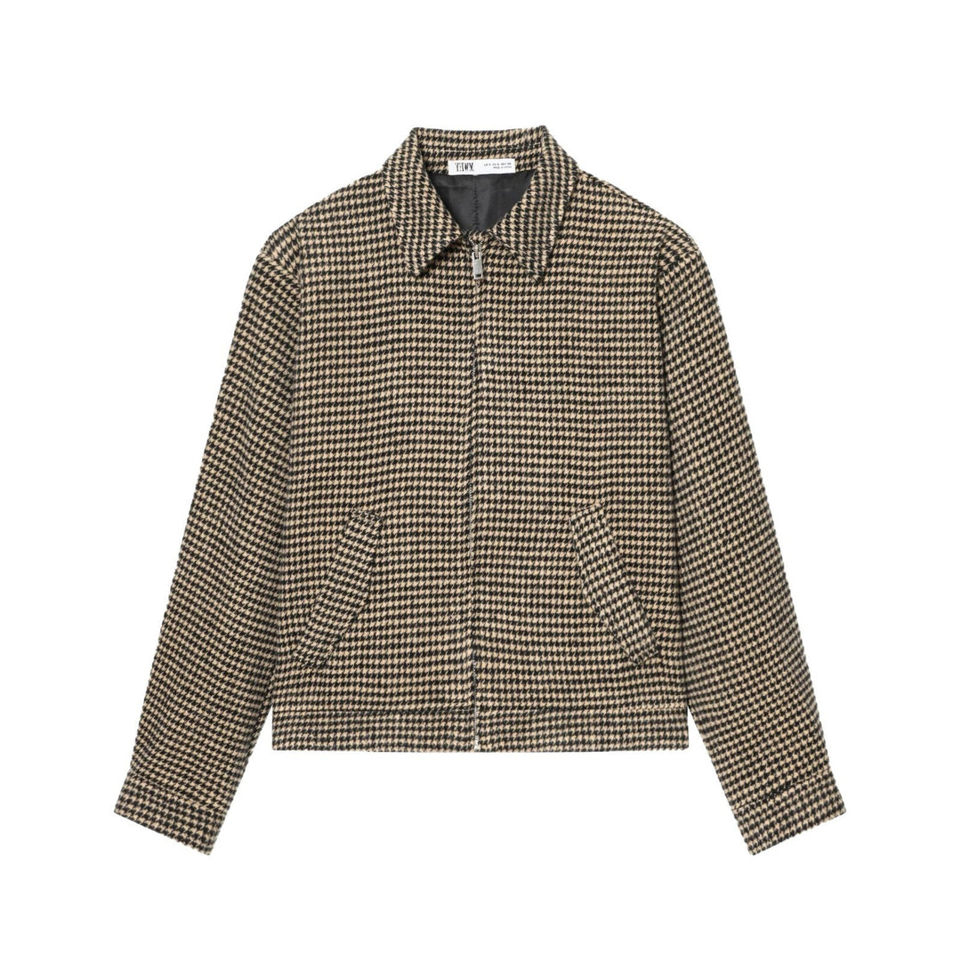 Dam Boxig Kort Jacka Gjord av Ullblandning med Houndstooth Mönster, Dragkedja och Skjortkrage