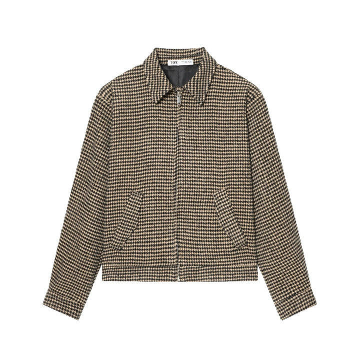 Dam Boxig Kort Jacka Gjord av Ullblandning med Houndstooth Mönster, Dragkedja och Skjortkrage