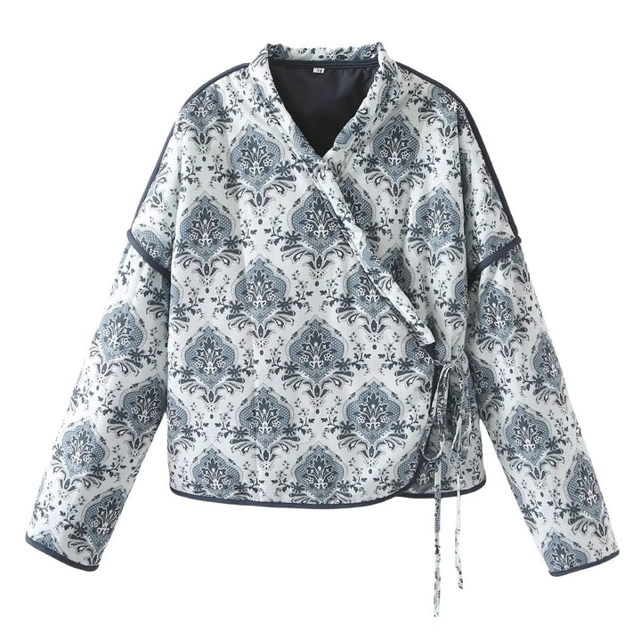 Dam Wrap jacka med Oriental Medallion tryck, Light vaddering och kontrast Piping