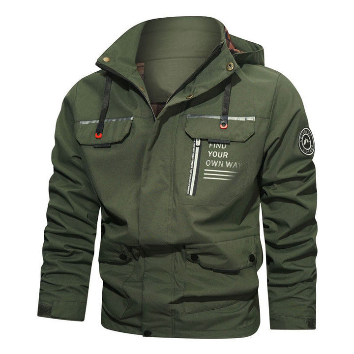 Herr Water-Repellent med Huva Field Jacka med Bröst Dragkedja och Multifunction Fickor