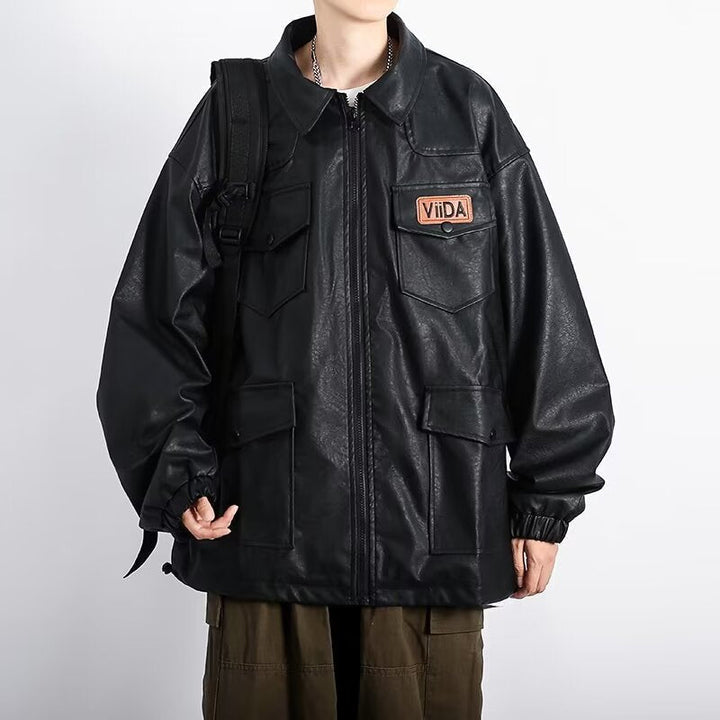 Unisex oversize Utility konstläder jacka med Multiple Flap fickor